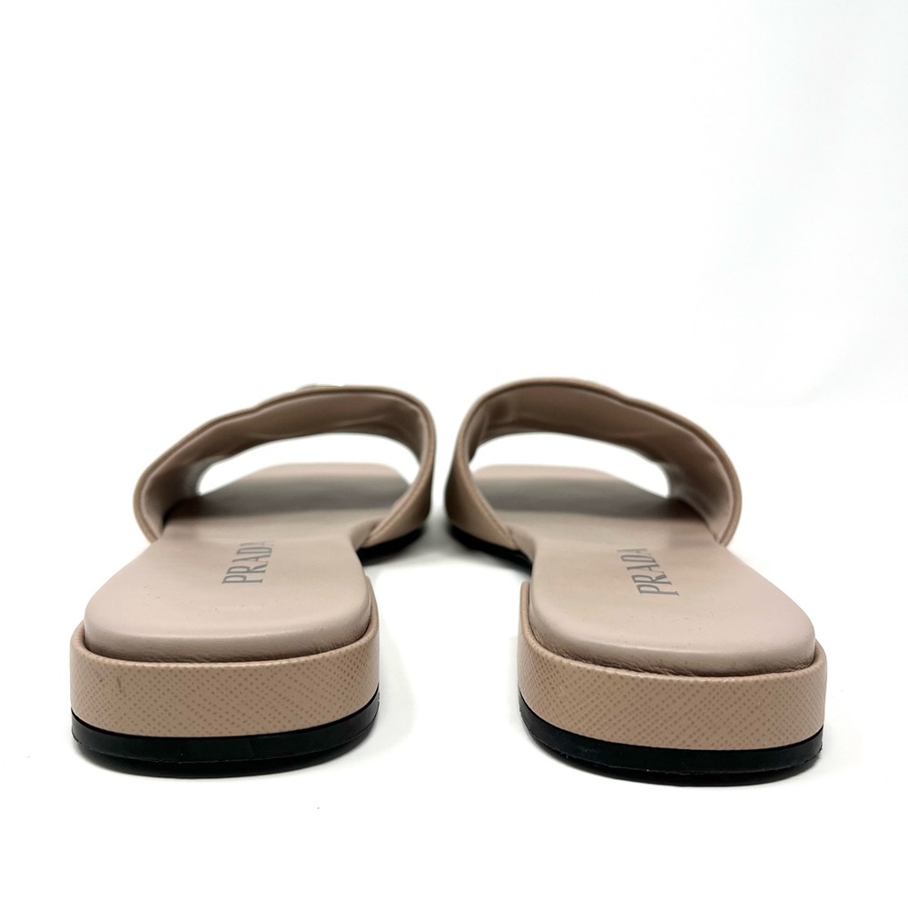 Prada Beige Nude Tan Saffiano Leather Triangle Logo Flat Slides Sandals 37 7 - Picture 7 of 10
